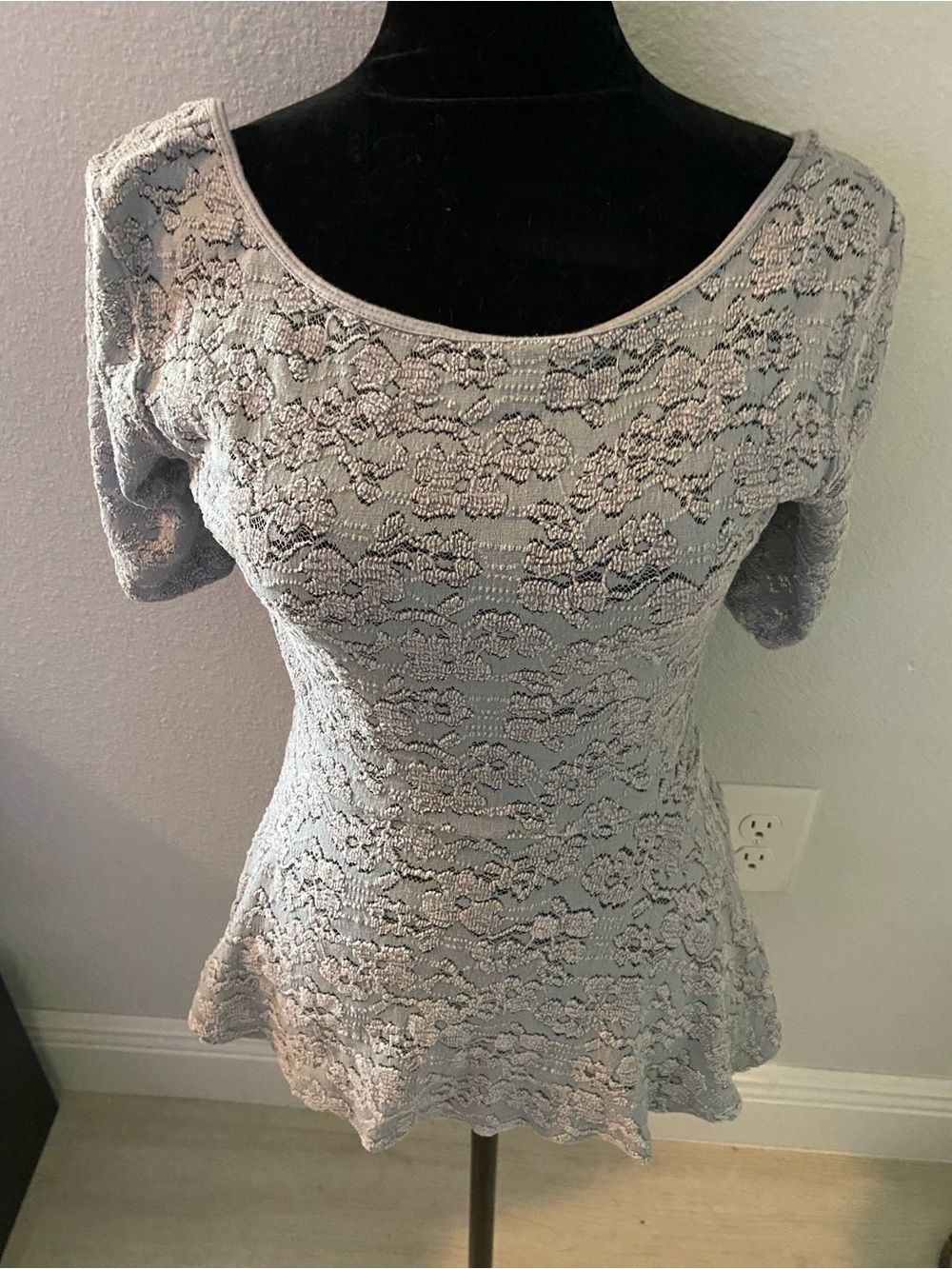 Free People Lace Overlay Scoop Neck Peplum Top - Light Blue Gray